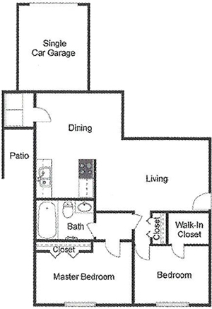 B1 Two Bedroom / One Bath / Garage / Paito - 960 Sq. Ft.*